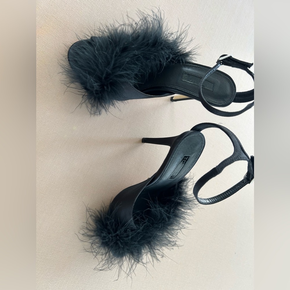 Black satin with feather detail  strappy open toe heels